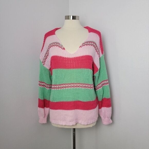 Altar'd State Colorblock Striped Crochet V- Neck Sweater Size Small Relaxed Fit - Picture 1 of 13